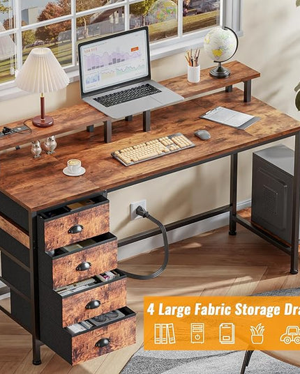 Furologee 55in Computer Desk with 4 Drawers, LED Gaming Desk with Power Outlets, Office Desk with Full Monitor Stand and Storage Shelf, Study Work Desk for Home Office Bedroom, Rustic Brown - LeafyLoom