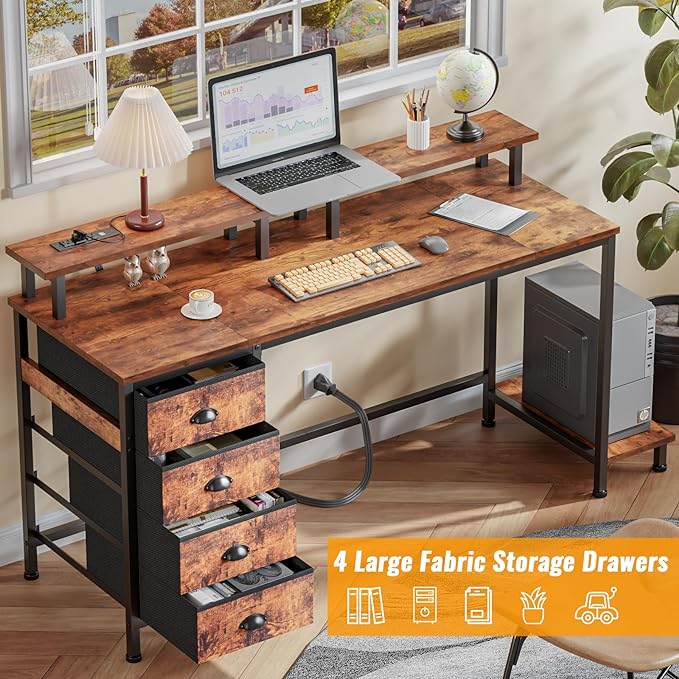 Furologee 55in Computer Desk with 4 Drawers, LED Gaming Desk with Power Outlets, Office Desk with Full Monitor Stand and Storage Shelf, Study Work Desk for Home Office Bedroom, Rustic Brown - LeafyLoom