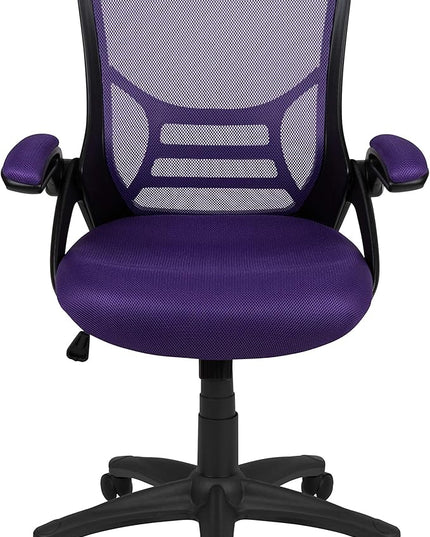 Flash Furniture Porter High-Back Swivel Office Chair with Adjustable Lumbar Support and Seat Height, Ergonomic Mesh Desk Chair with Flip-Up Armrests, Purple/Black - LeafyLoom