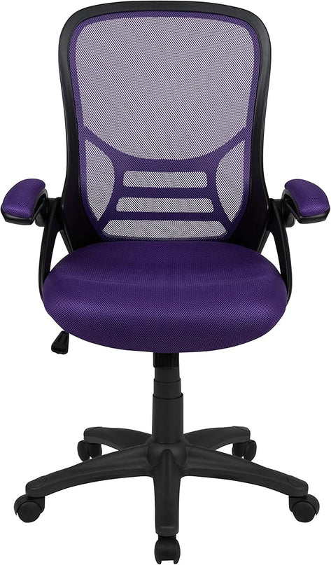 Flash Furniture Porter High-Back Swivel Office Chair with Adjustable Lumbar Support and Seat Height, Ergonomic Mesh Desk Chair with Flip-Up Armrests, Purple/Black - LeafyLoom