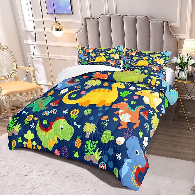 Dinosaur Comforter Set Queen, Dinosaur Bedding Set Queen for Boys Teens Room Dinosaur Blue Queen Size Comforter Sets Boys Queen Comforter Set Bedroom Decor, Queen (1 Comforter 2 Pillowcases) - LeafyLoom