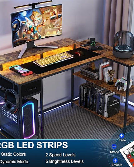 L Shaped Computer Desk with LED Light and Power Outlet, 47" Reversible L Shaped Desk with Monitor Stands and Drawers, Gaming Desk with Shelves and 2 Hooks for Home Office Bedroom - LeafyLoom
