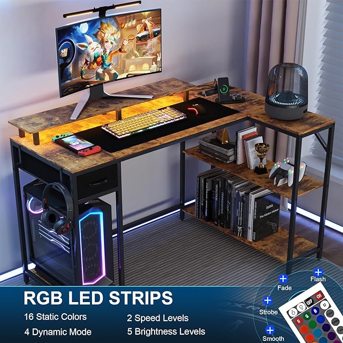 L Shaped Computer Desk with LED Light and Power Outlet, 47" Reversible L Shaped Desk with Monitor Stands and Drawers, Gaming Desk with Shelves and 2 Hooks for Home Office Bedroom - LeafyLoom