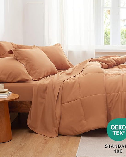 Bedsure Burnt Orange Queen Size Comforter Set - 7 Pieces Solid Queen Bed in a Bag, Queen Bed Set Burnt Orange with Quilted Warm Fluffy Comforters, Sheets, Pillowcases & Shams - LeafyLoom