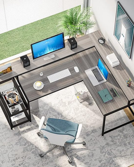 L-Shaped Desk with Monitor Shelf,Corner Computer Desk with Storage, Gray - LeafyLoom
