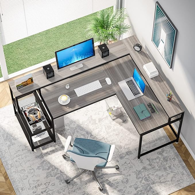 L-Shaped Desk with Monitor Shelf,Corner Computer Desk with Storage, Gray - LeafyLoom