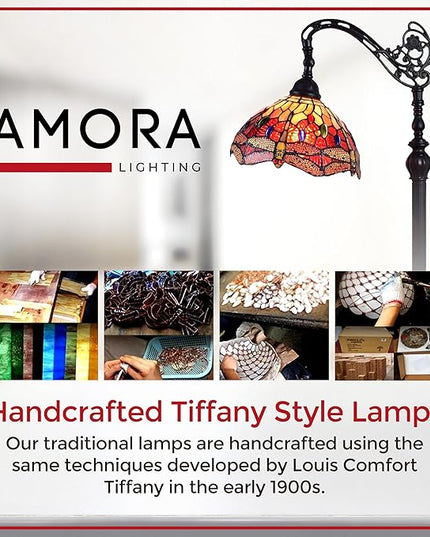 Amora Tiffany Style Floor Lamp Arched Adjustable 62" Tall Stained Glass Red Yellow Green Dragonfly Antique Vintage Light Decor Bedroom Living Room Reading Gift AM079FL10B Lighting - LeafyLoom