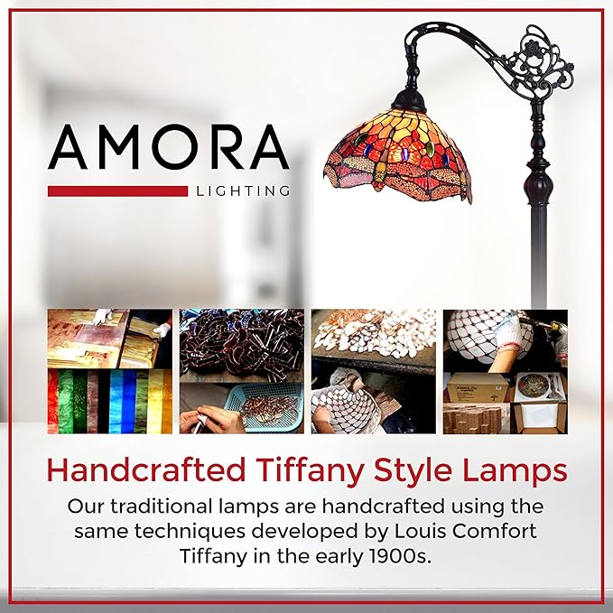 Amora Tiffany Style Floor Lamp Arched Adjustable 62" Tall Stained Glass Red Yellow Green Dragonfly Antique Vintage Light Decor Bedroom Living Room Reading Gift AM079FL10B Lighting - LeafyLoom