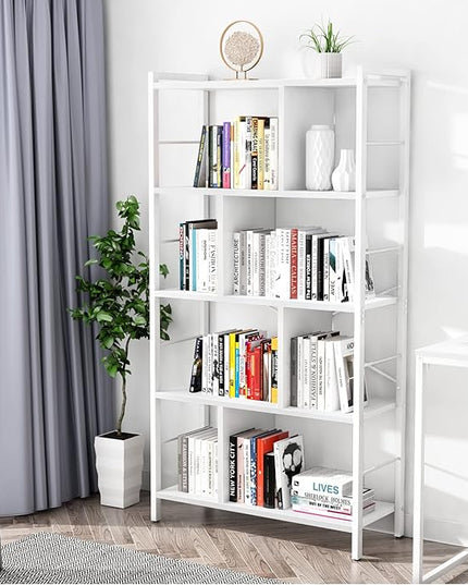 armocity White Bookshelf 5 Tier Tall Industrial Bookcase Wood Metal Frame Standing Book Shelf, Display Bookshelves Storage Organizer for Bedroom Living Room Home Office, White - LeafyLoom