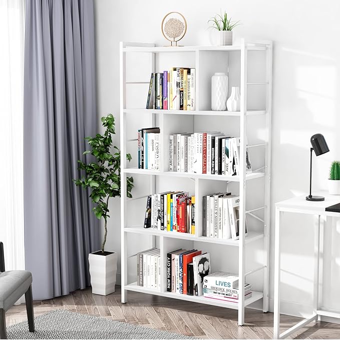 armocity White Bookshelf 5 Tier Tall Industrial Bookcase Wood Metal Frame Standing Book Shelf, Display Bookshelves Storage Organizer for Bedroom Living Room Home Office, White - LeafyLoom