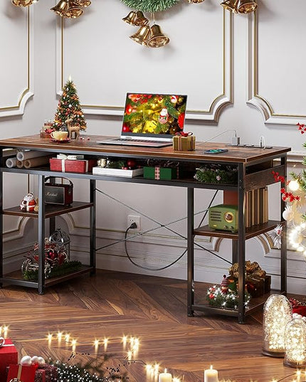 AODK 48 Inch Small Computer Desk with Power Outlets & Type-C, Writing Desk with Storage Shelves Headphone Hook, Student Laptop PC Desks for Small Spaces Home Office, Vintage - LeafyLoom