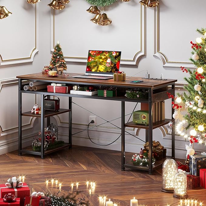 AODK 48 Inch Small Computer Desk with Power Outlets & Type-C, Writing Desk with Storage Shelves Headphone Hook, Student Laptop PC Desks for Small Spaces Home Office, Vintage - LeafyLoom