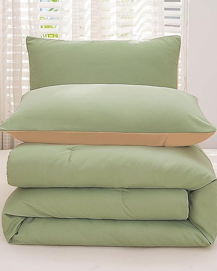 NINENINE Sage Green Comforter Set Queen,Light Green Bedding Set,Comforter Set for Women Men, Solid Color Camel Green Comforter Sets with 1 Comforter 2Pillowcases - LeafyLoom