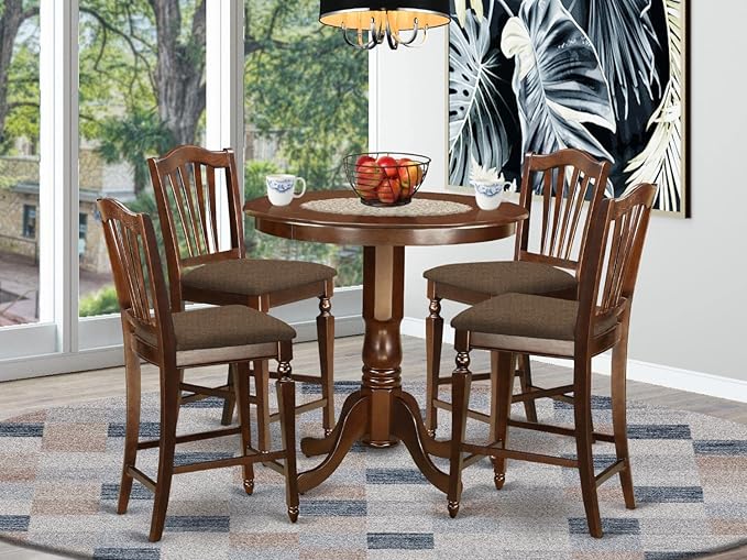 East West Furniture JACH5-MAH-C 5 Piece Counter Height Dining Table Set Includes a Round Kitchen Table with Pedestal and 4 Linen Fabric Upholstered Dining Chairs, 36x36 Inch, Mahogany - LeafyLoom