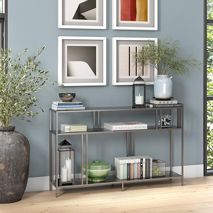 Henn&Hart 48" Wide Rectangular Console Table with Metal Shelves in Gunmetal Gray, Entryway Table, Accent Table for Living Room, Hallway - LeafyLoom