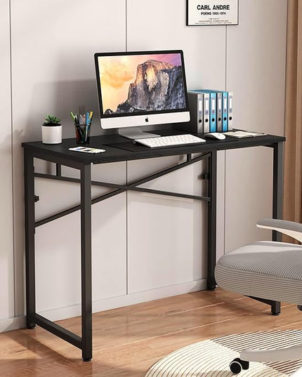 39 Inch Foldable Computer Desk, Folding Space-Saving Home Office Table, Study Writing Gaming Workstation for Small Space, No Assembly Needed,Black - LeafyLoom