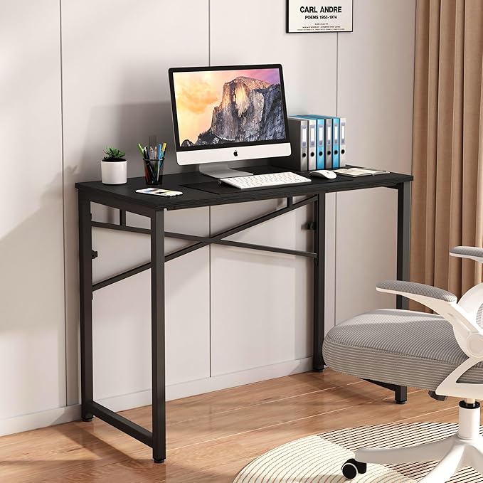 39 Inch Foldable Computer Desk, Folding Space-Saving Home Office Table, Study Writing Gaming Workstation for Small Space, No Assembly Needed,Black - LeafyLoom