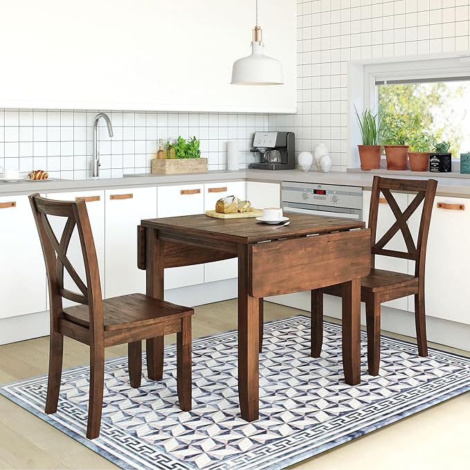 Farmhouse Style Wood Breakfast Nook 2 X-Back Chairs, Extendable Drop Leaf Design & Easy Assembly, Room, Kitchen, 3 Piece Dining Table Set, Brown 27 - LeafyLoom