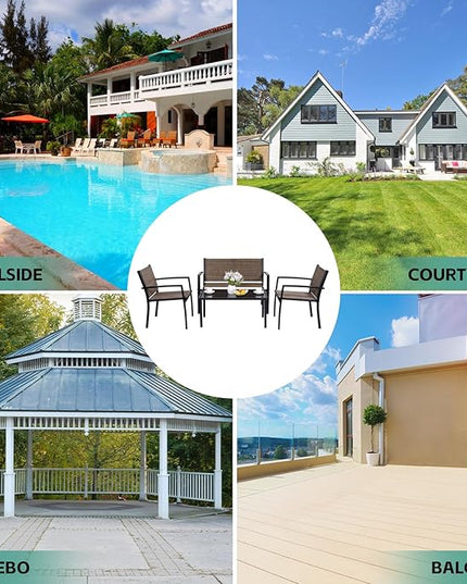 4 Pieces Patio Furniture Set Outdoor Garden Patio Conversation Sets Poolside Lawn Chairs with Tempered Glass Coffee Table Loveseat Porch Furniture Textilene Fabric Yellow - LeafyLoom