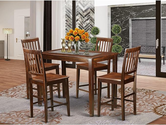 East West Furniture YAVN5-MAH-W 5 Piece Counter Height Dining Set Includes a Rectangle Dinette Table and 4 Kitchen Dining Chairs, 30x48 Inch, Mahogany - LeafyLoom