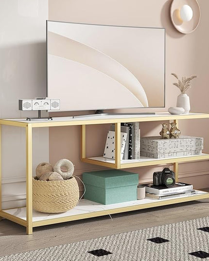 Function Home TV Stand for TVs up to 55 Inch, 3 Tier Entertainment Center, Media Console with Open Storage Shelves for Living Room Bedroom, 47” Modern TV Table with Faux Marble Top Gold Metal Leg - LeafyLoom