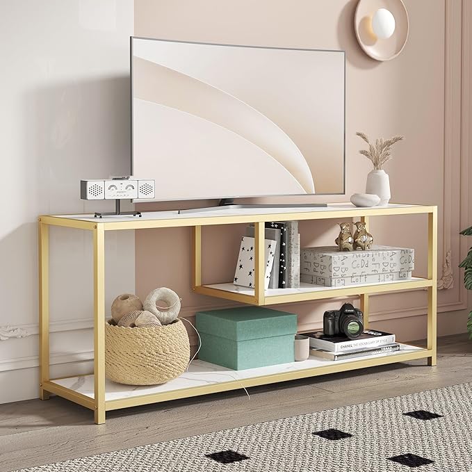 Function Home TV Stand for TVs up to 55 Inch, 3 Tier Entertainment Center, Media Console with Open Storage Shelves for Living Room Bedroom, 47” Modern TV Table with Faux Marble Top Gold Metal Leg - LeafyLoom