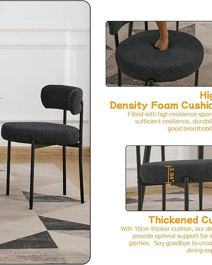 EDWELL Black Dining Chairs Set of 6, Mid-Century Modern Dining Room Chairs with Thick Cushions, Round Upholstered Boucle Dining Chair with Metal Legs for Kitchen, Living Room, Kitchen Chairs - LeafyLoom
