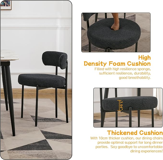 EDWELL Black Dining Chairs Set of 6, Mid-Century Modern Dining Room Chairs with Thick Cushions, Round Upholstered Boucle Dining Chair with Metal Legs for Kitchen, Living Room, Kitchen Chairs - LeafyLoom