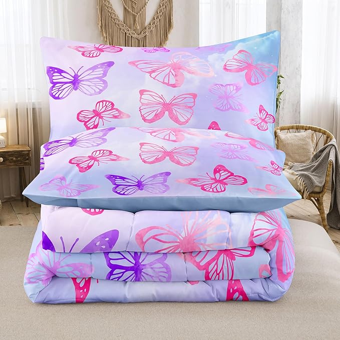 Tailor Shop Butterfly Comforter Sets Queen Size,Purple Butterfly Bedding Sets for Girls Kids Teens with 2 Pillowcase… - LeafyLoom