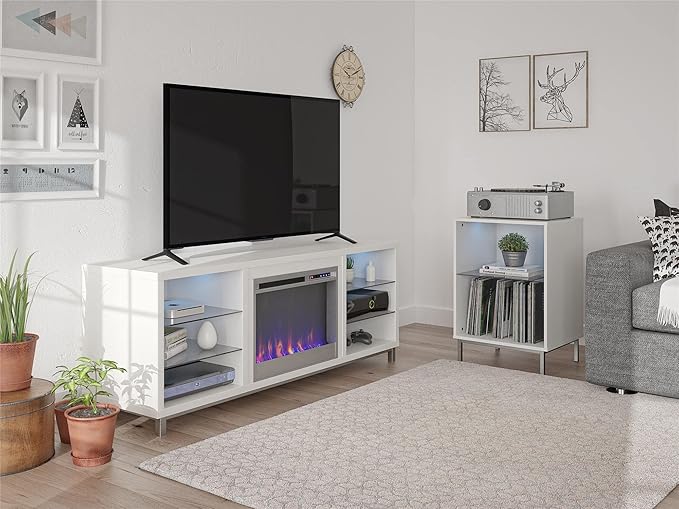 Ameriwood Home Lumina Fireplace TV Stand for TVs up to 70 Inch, Replaceable Electric Fireplace Insert Heater, Remote Control, Timer, Color Changing LED Lights, Crystal Ember Flames, White - LeafyLoom