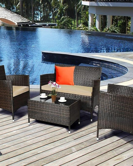 LUARANE 4-Piece Rattan Patio Furniture Set, Outdoor Wicker Sofa Couch Table Set, w/Thick Seat Cushions Tempered Glass Coffee Table, Conversation Set for Lawn Garden Poolside Backyard (Brown) - LeafyLoom