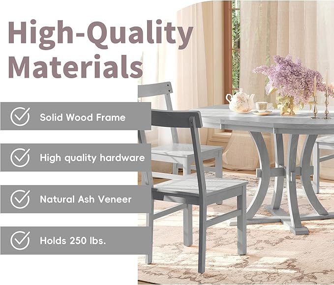 Merax 5-Piece Rustic Set with Round Pedestal Extendable Table and 15.7" Removable Leaf, Simple Dining Chirs for Small Places, Gray, Grey - LeafyLoom