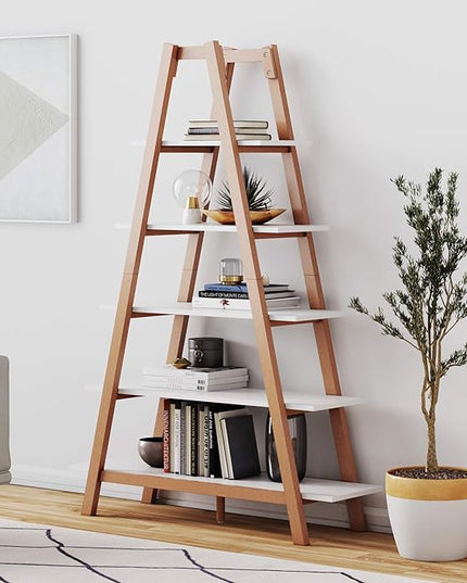 Nathan James 62201 Carlie 5-Shelf Ladder Bookcase, Display or Decorative Storage Rack with White and Rove Brown Wooden Ladder Shelves - LeafyLoom