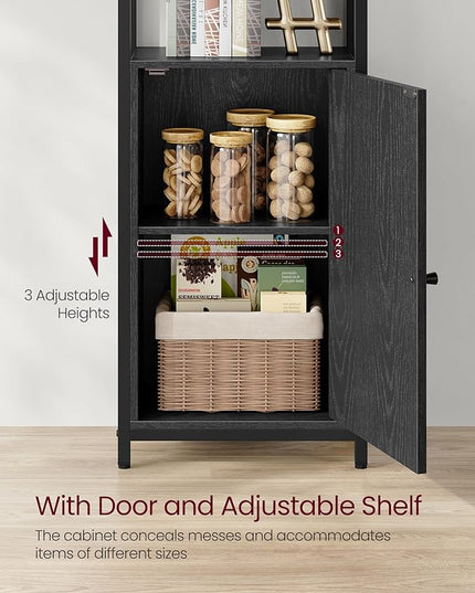 VASAGLE 6-Tier Bookshelf, Tall Bookcase with Door, Steel Frame, Adjustable Shelves, 9.4 x 15.7 x 62.8 Inches, Living Room Bedroom, Ebony Black and Ink Black ULLS132B01 - LeafyLoom