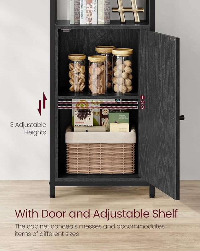 VASAGLE 6-Tier Bookshelf, Tall Bookcase with Door, Steel Frame, Adjustable Shelves, 9.4 x 15.7 x 62.8 Inches, Living Room Bedroom, Ebony Black and Ink Black ULLS132B01 - LeafyLoom