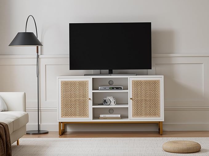 NicBex TV Stand for 55 Inch TV Modern TV Media Console Table with Adjustable Shelf, Rattan Sideboard,Entertainment Center with Storage for Living Room,Bedroom,47 Inch,White - LeafyLoom