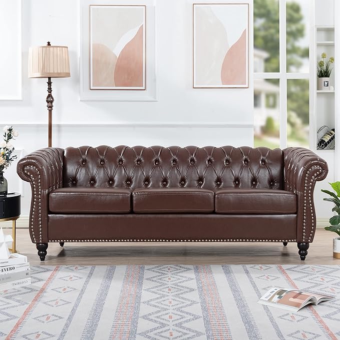 3-Seaters Living Room Clasic Chesterfield Sofa Couch Button Tufted PU Leather Upholstered Sofa&Couch with Luxury Roller Armrest Soild Wood Legs Movable Cushions & Nailhead Decor - LeafyLoom
