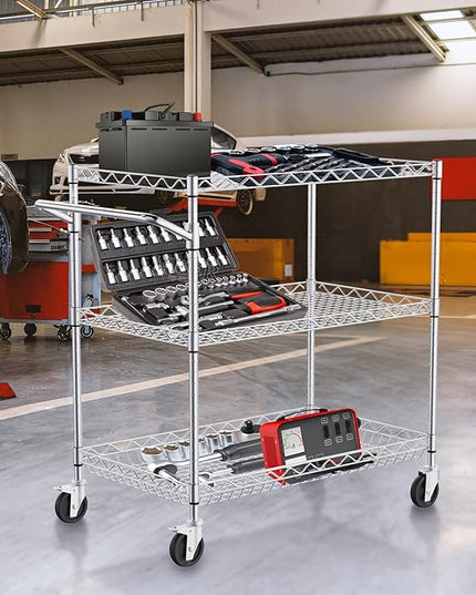 VEVOR Kitchen Utility Cart, 3 Tiers, Wire Rolling Cart with 661 LBS Capacity, Steel Service Cart on Wheels, Metal Storage Trolley with 80 mm Deep Basket Curved Handle 6 Hooks, NSF Listed - LeafyLoom