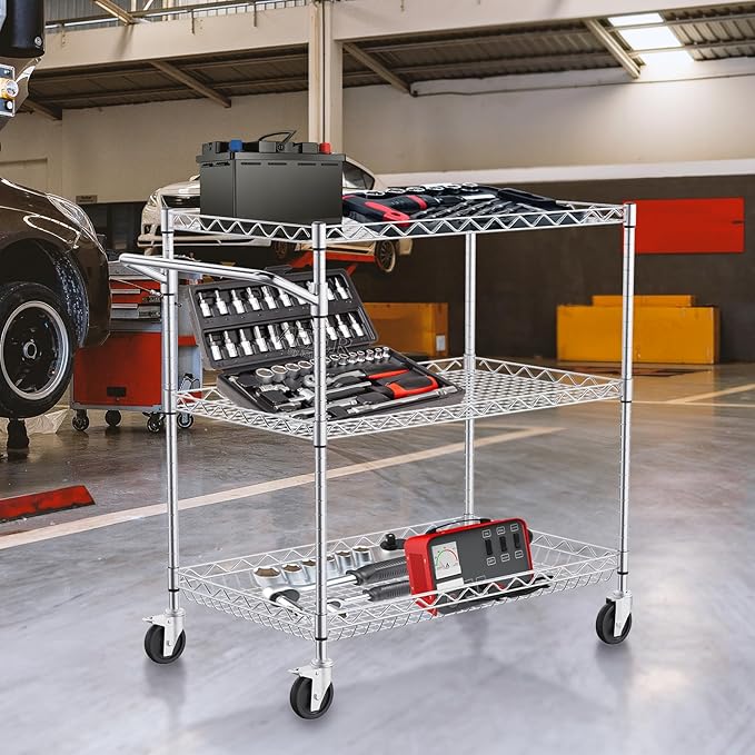 VEVOR Kitchen Utility Cart, 3 Tiers, Wire Rolling Cart with 661 LBS Capacity, Steel Service Cart on Wheels, Metal Storage Trolley with 80 mm Deep Basket Curved Handle 6 Hooks, NSF Listed - LeafyLoom