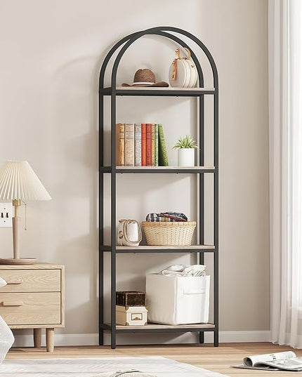Yusong Bookshelf 4 Tier Arched Bookcase, 71.3" Tall Industrial Open Book Shelves for Living Room, Modern Freestanding Display Shelving Storage Rack Metal Frame, Office, Bedroom, Grey - LeafyLoom