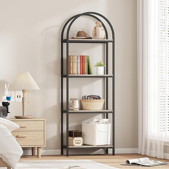 Yusong Bookshelf 4 Tier Arched Bookcase, 71.3" Tall Industrial Open Book Shelves for Living Room, Modern Freestanding Display Shelving Storage Rack Metal Frame, Office, Bedroom, Grey - LeafyLoom
