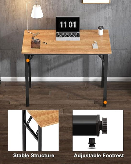 Need Small Computer Desk 31.5 inches Folding Table No Assembly Sturdy Small Writing Desk Folding Desk for Small Spaces, Teak Color Desktop and Black Steel Frame - LeafyLoom
