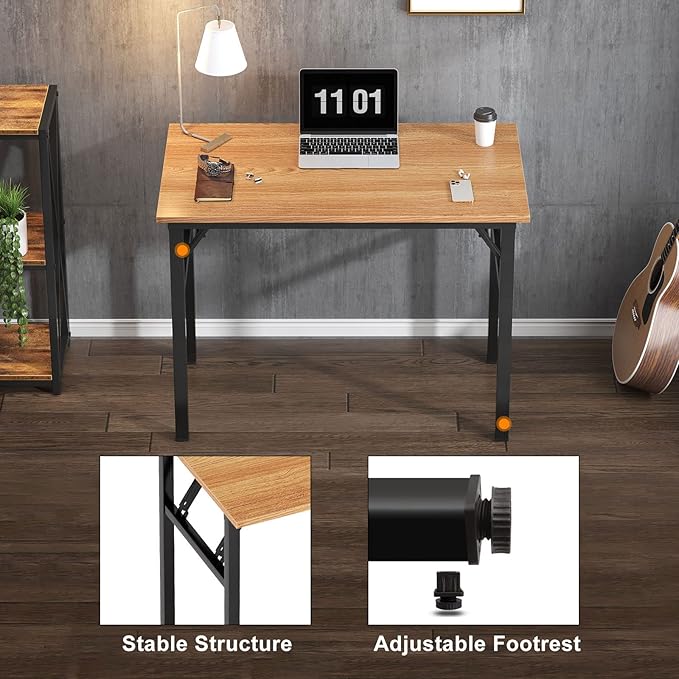 Need Small Computer Desk 31.5 inches Folding Table No Assembly Sturdy Small Writing Desk Folding Desk for Small Spaces, Teak Color Desktop and Black Steel Frame - LeafyLoom