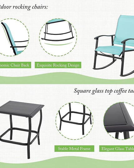 Shintenchi 3 Piece Rocking Bistro Set, Outdoor Furniture with Rocker Chairs and Glass coffee table set of 3, Balcony, Porch Furniture for Small Space, Blue - LeafyLoom