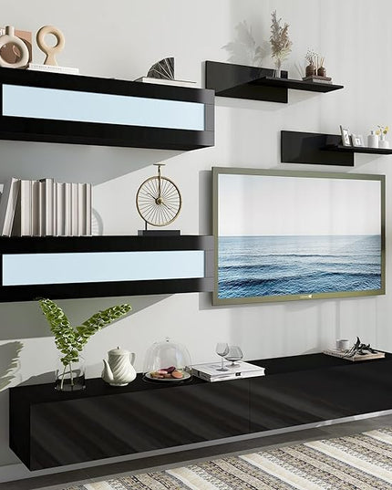 NicBex Wall Mount Floating TV Stand for 95+ Inch TV LED Entertainment Center Media Storage Console Table with 4 Media Storage Cabinets and 2 Shelves for Living Room,Bedroom, 95 Inch,Black - LeafyLoom