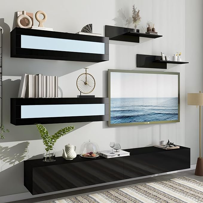 NicBex Wall Mount Floating TV Stand for 95+ Inch TV LED Entertainment Center Media Storage Console Table with 4 Media Storage Cabinets and 2 Shelves for Living Room,Bedroom, 95 Inch,Black - LeafyLoom