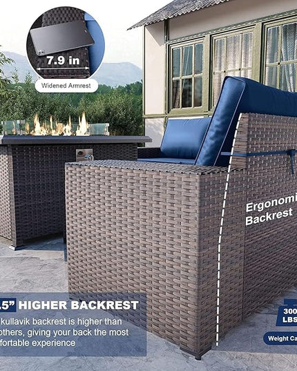 Kullavik 10PCS Outdoor Patio Furniture Set,PE Wicker Rattan Sectional Sofa Patio Conversation Sets with 43" 55000BTU Gas Propane Fire Pit Table,Swivel Rocking Chairs Set,Dark Blue - LeafyLoom