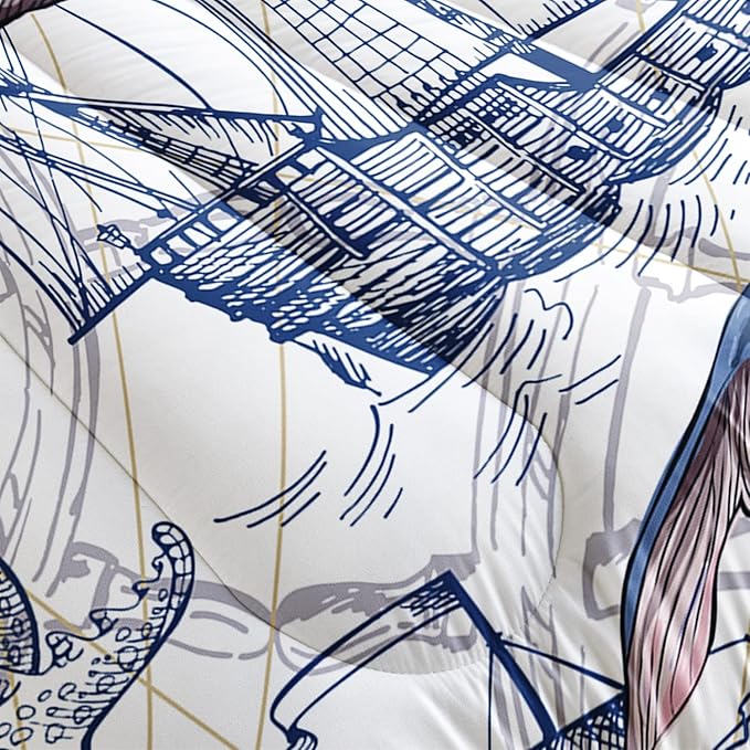 CVHOUSE Whale Comforter Set Twin Size,Ocean Theme Bedding Set for Kids,Whale Nautical Sailing Quilt Set Ocean Duvet Set Ocean Decor 3 Pieces - LeafyLoom