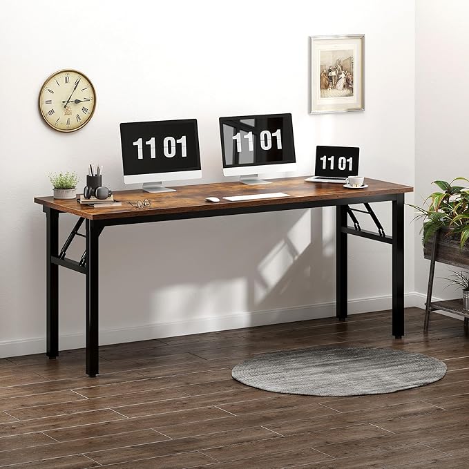 Need Large Computer Desk, 62 inches Long Office Desk, No Install Needed Folding Table Writing Table Workstation for Small Space, Rustic Brown - LeafyLoom