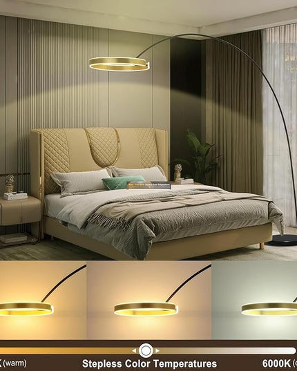Contemporary 81" Tall LED Overreaching Sofa Arched Floor Lamp with Remote Control - Modern Standing Corner Light, Gold Metal Shade, Real Marble Base - Ideal for Bedrooms and Living Room Décor - LeafyLoom